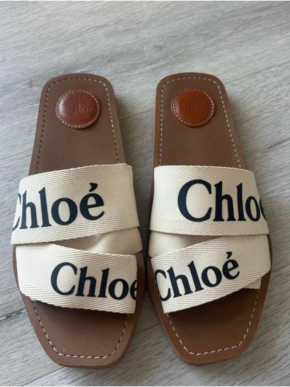 Chloé Beige Canvas Logo Brown Leather Slide Sandals